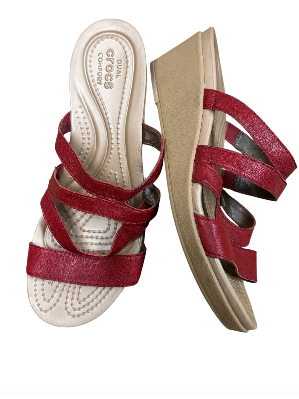 Crocs Leigh-Ann Mini Wedge Sandals Red Leather Strappy Comfort Slide Sandals 7